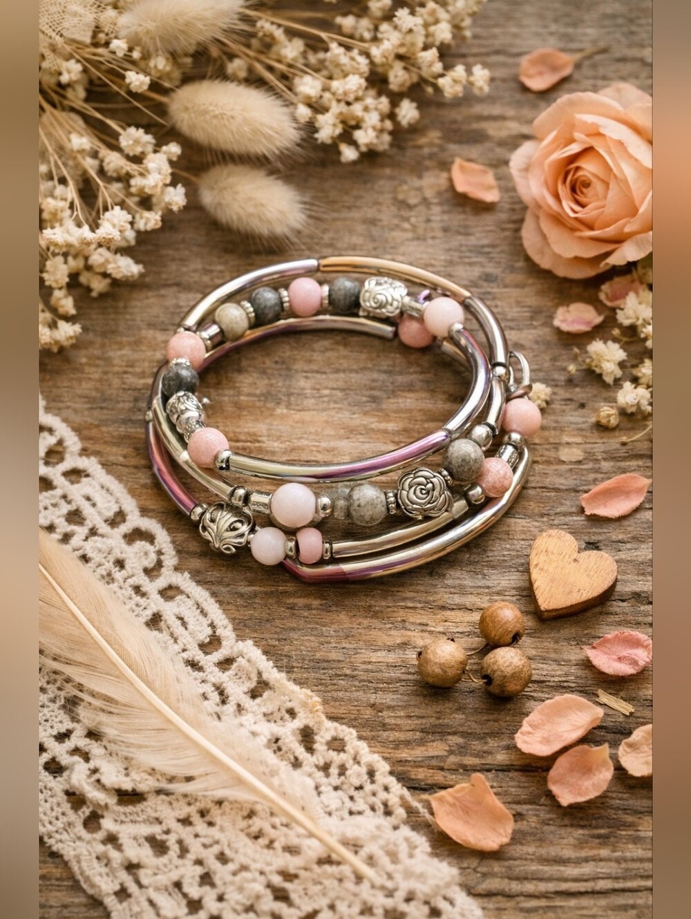 Pink Zebra And Silver Wire Wrap Bracelet HAND CRAFTED 321